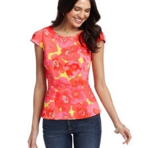 LOFT Tops - LOFT Botanical Neon Peplum Cap Sleeve Top
